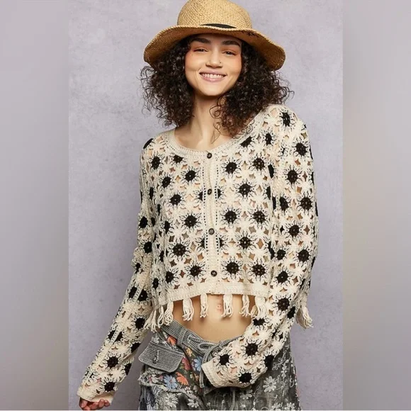 POL Crochet Cropped Cardigan in Cream and Black - Picture 1 of 12